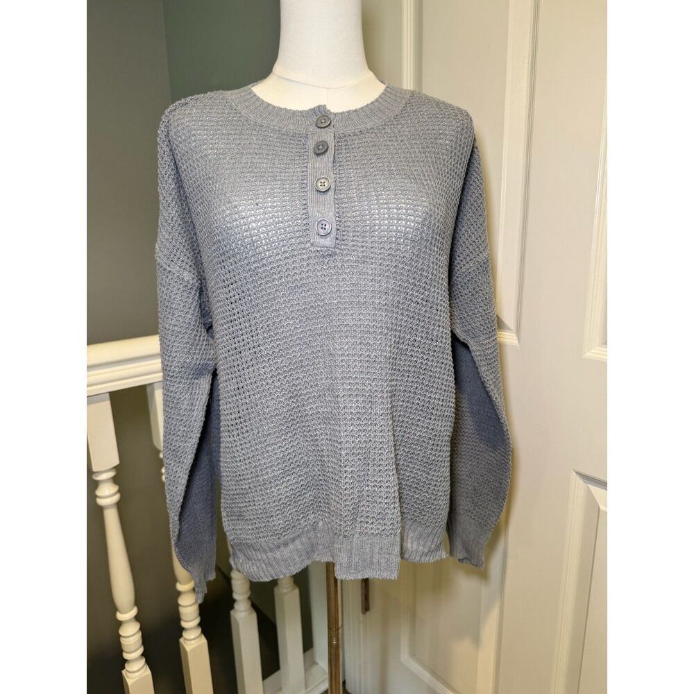 American Eagle Women's XS Gray Waffle Knit Henley Sweater Oversized Button Neck
